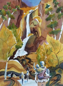 Father and Son at Lower Falls Watercolor 15x11
