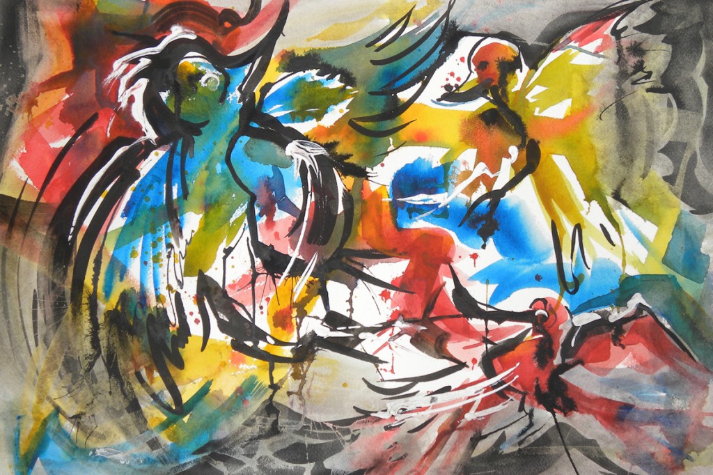 Frenzied Feathered Friends Watercolor and India Ink 15x22