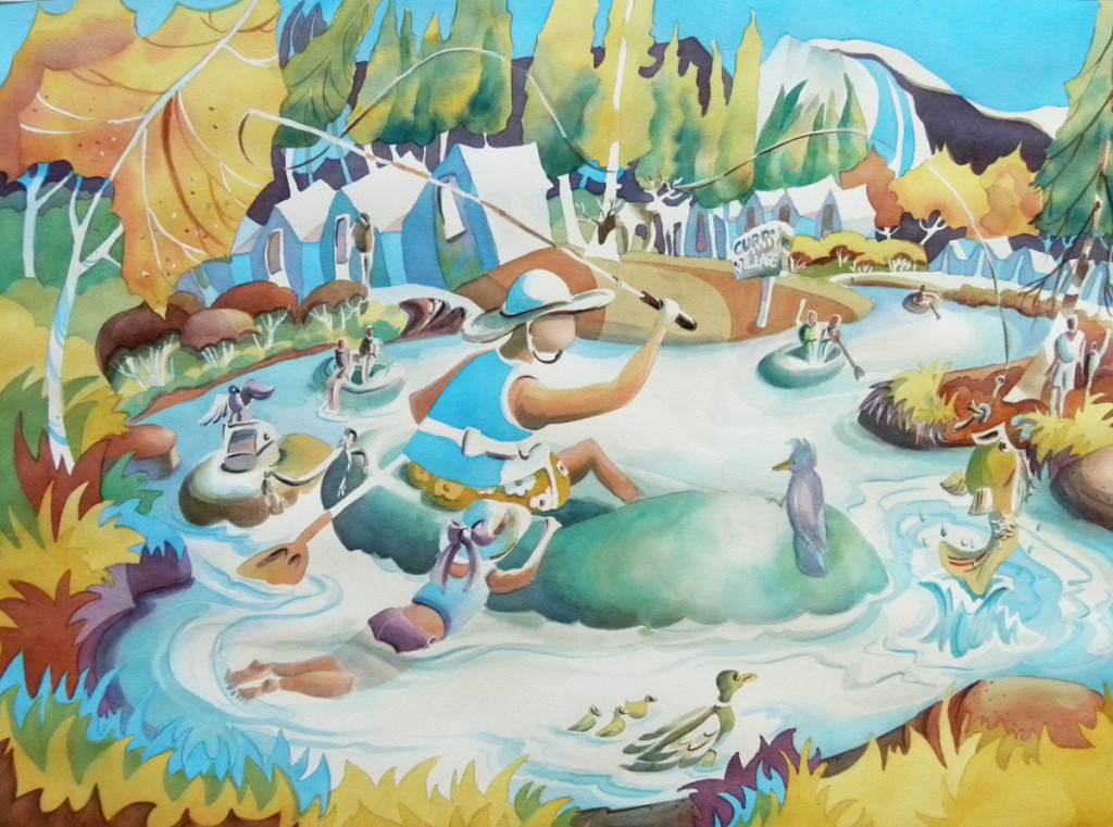 Rafting on the Merced, Yosemite Watercolor 22x30